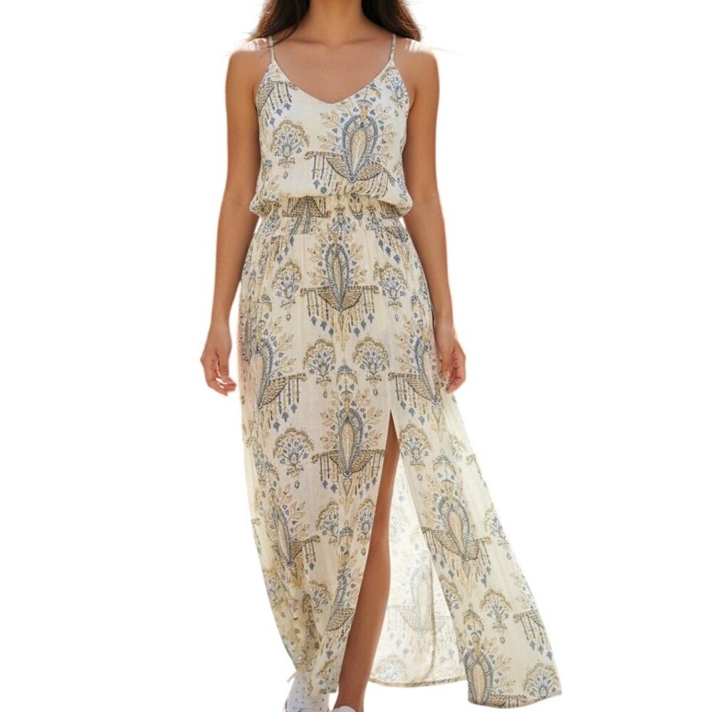 O’Neill Y2K Grecian Print Rayon Maxi Dress Double Slits XS